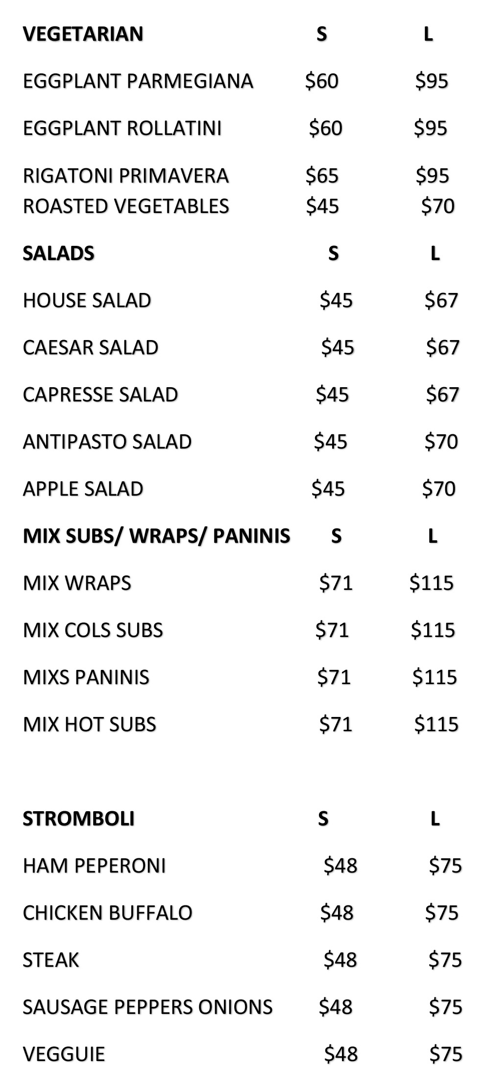 Vegetarian - Salads - Sandwiches & Stromboli
